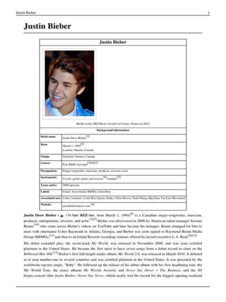 >> Biography of Justin Bieber Biography of famous people in the world