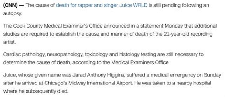 Juice WRLD death Autopsy inconclusive for Chicagoborn rapper's death