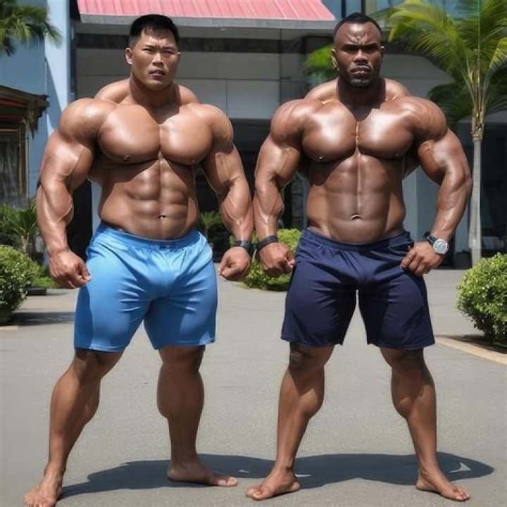two men with no shirts on and one without his shirt is wearing boxing